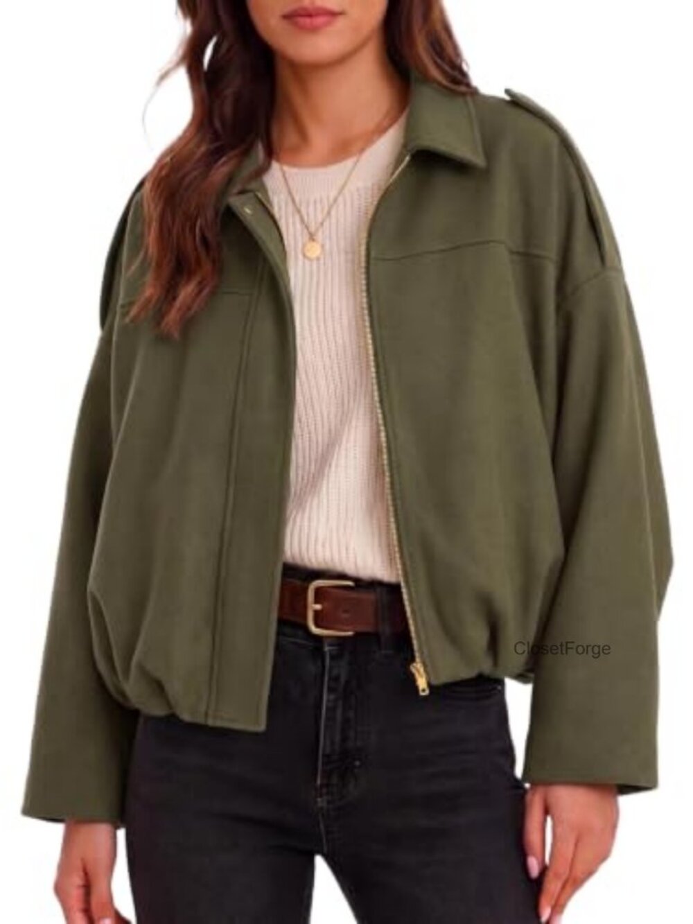 Faux Suede Cropped Bomber Jacket Zip Up Long Sleeve Casual Fall Coat